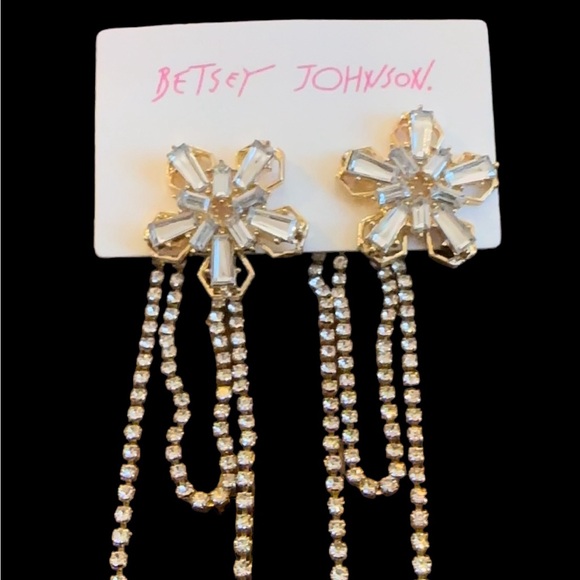 Betsey Johnson Crystal Flower & Rhinestone & Tassel Dangle Earrings NWT - Picture 2 of 7